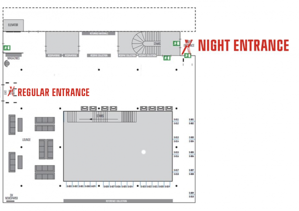 Kort over CBS Biblioteks stueetage med markering af natindgangens placering